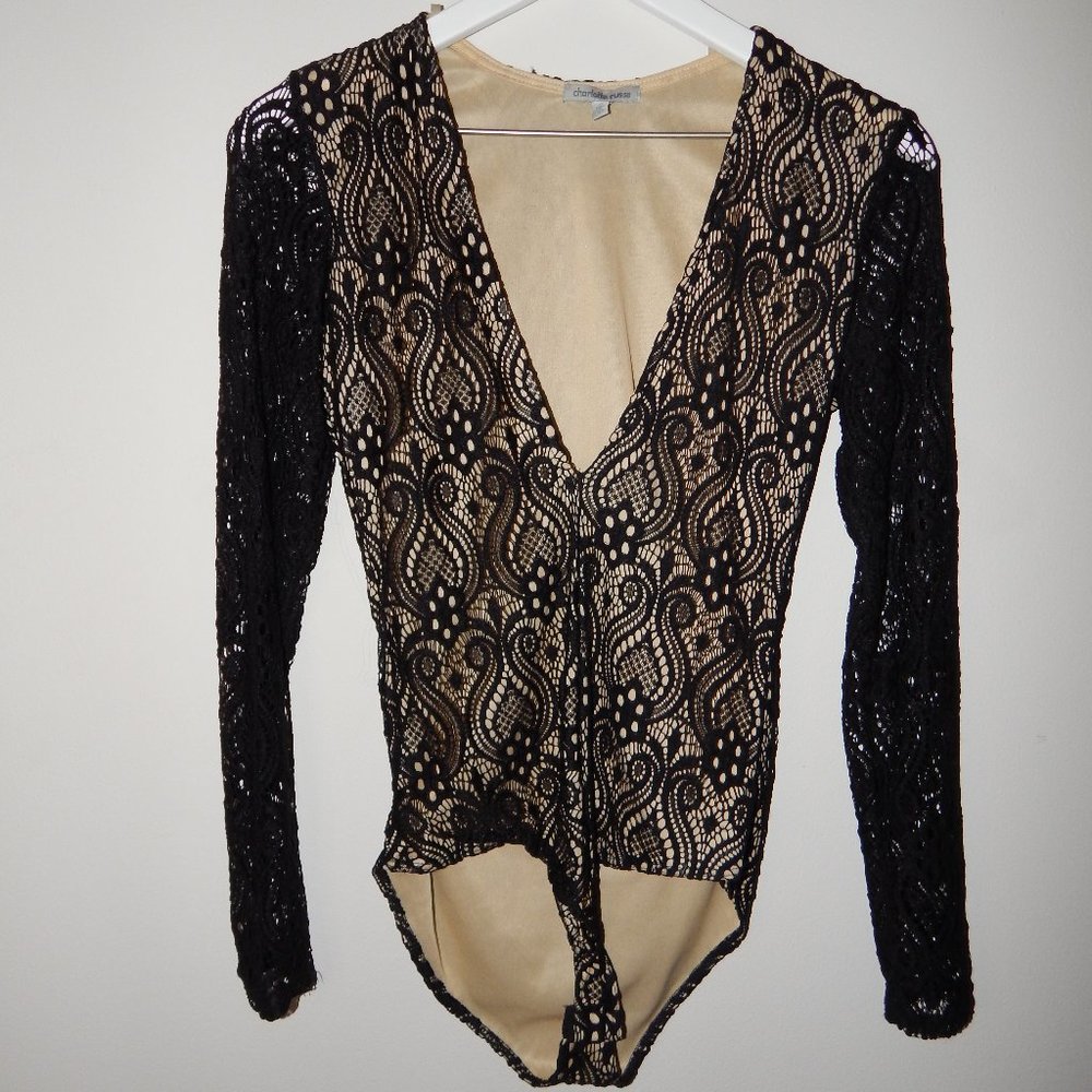 Charlotte Russe Black Lace Long Sleeve Bodysuit